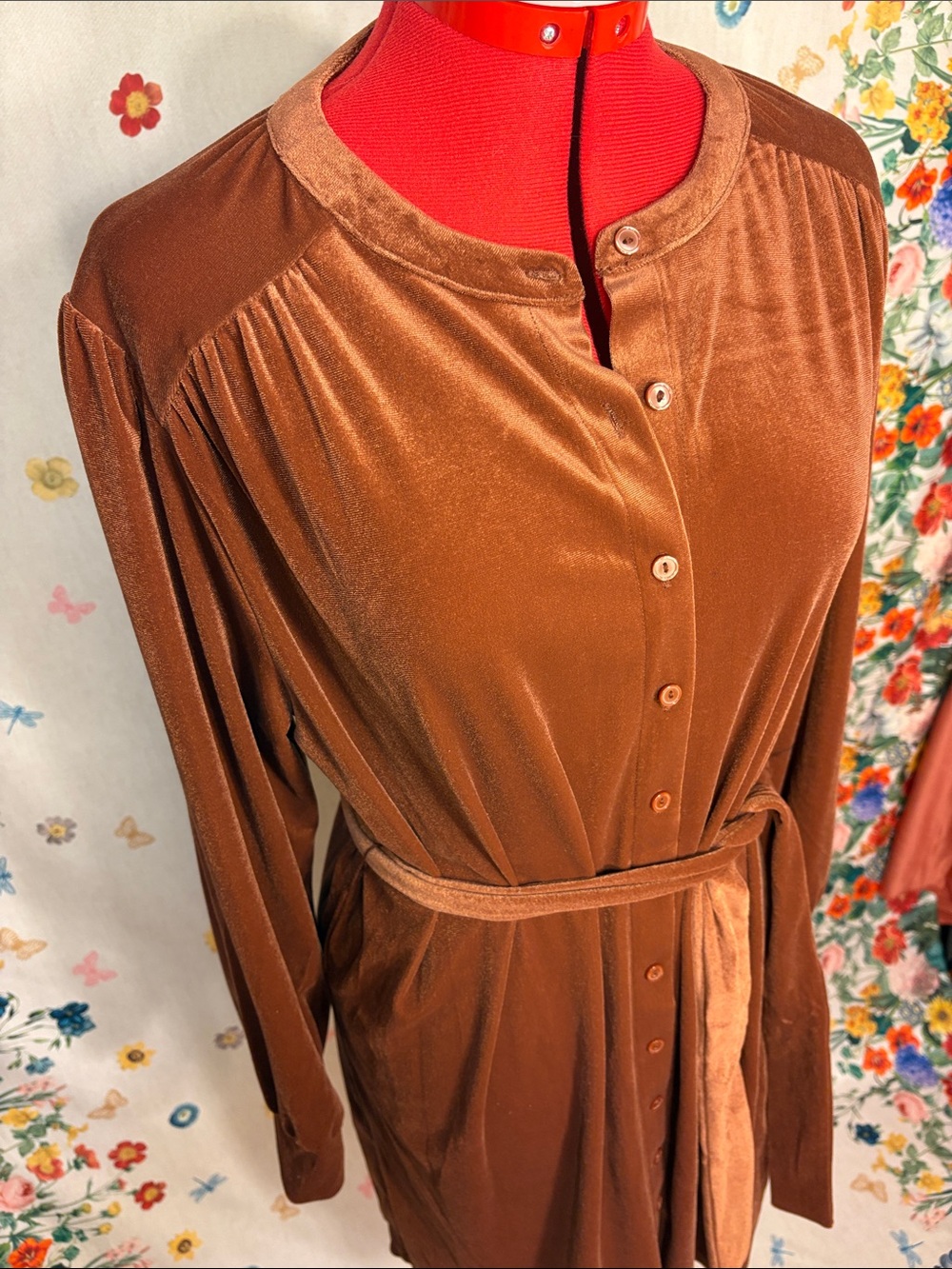 Time and Tru - NWT Copper Brown Velvet Button-Front Belted Dress Chic Classic - Picture 5 of 9